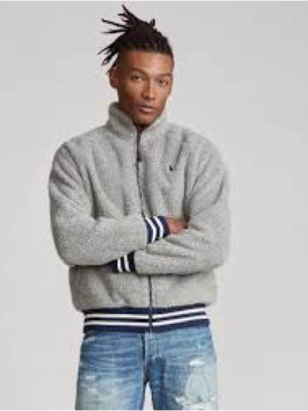 Ralph Lauren Light Gray Sherpa Zip-Up with Navy Stripe Trim
